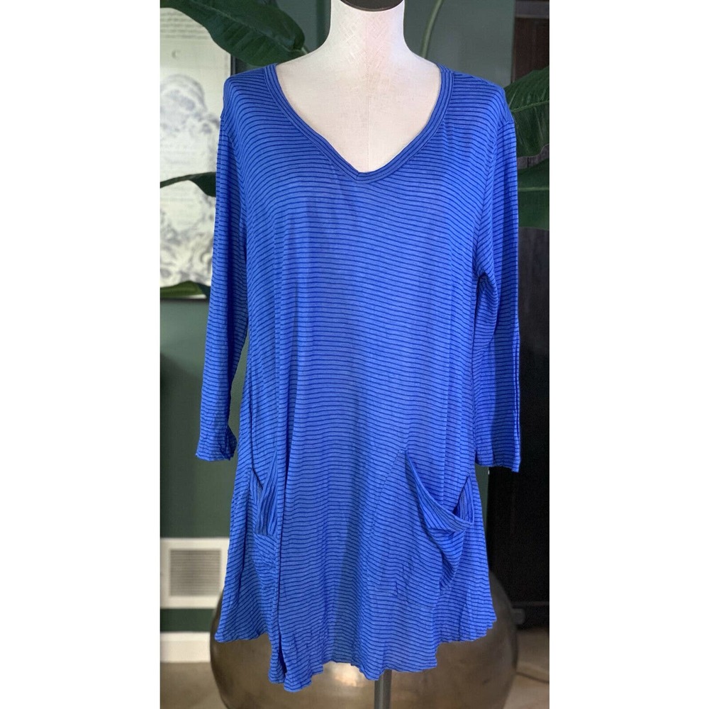 comfy women’s small blue striped long sleeve V-neck tunic top Q